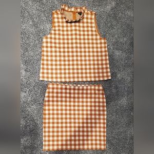 Ann Taylor Tan & Cream Gingham Skirt & Shirt Set